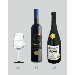 Pack Promoción vinos Nueva Valverde - 3 Botellas de Reserva Tejoneras 2014, 9 Botellas de Crianza Lagraz 2020, 2 Copas.